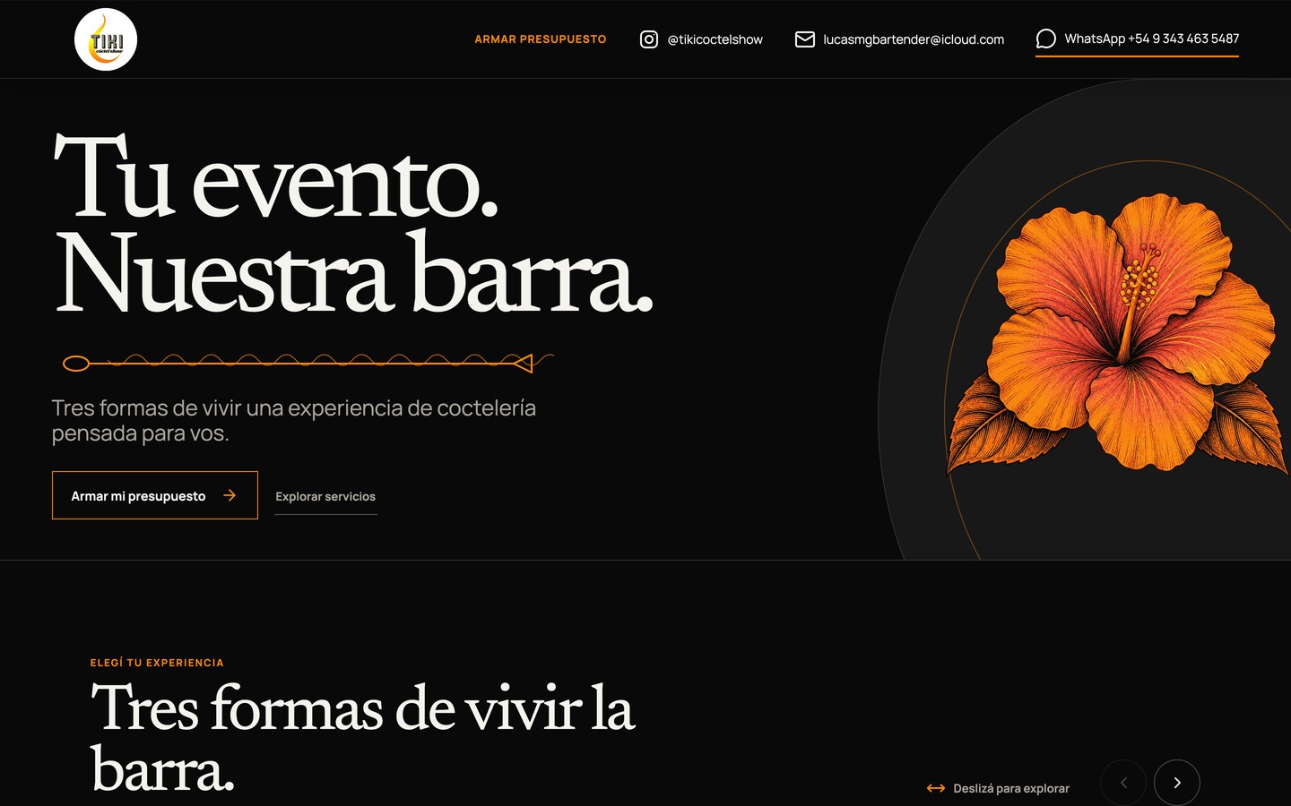 Página de Tiki Cóctel Show con acceso al cotizador de eventos